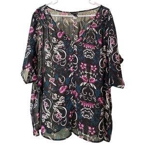 Torrid Sheer Dark Floral Blouse Button Front Short Sleeve V Neck Romance Size 2X